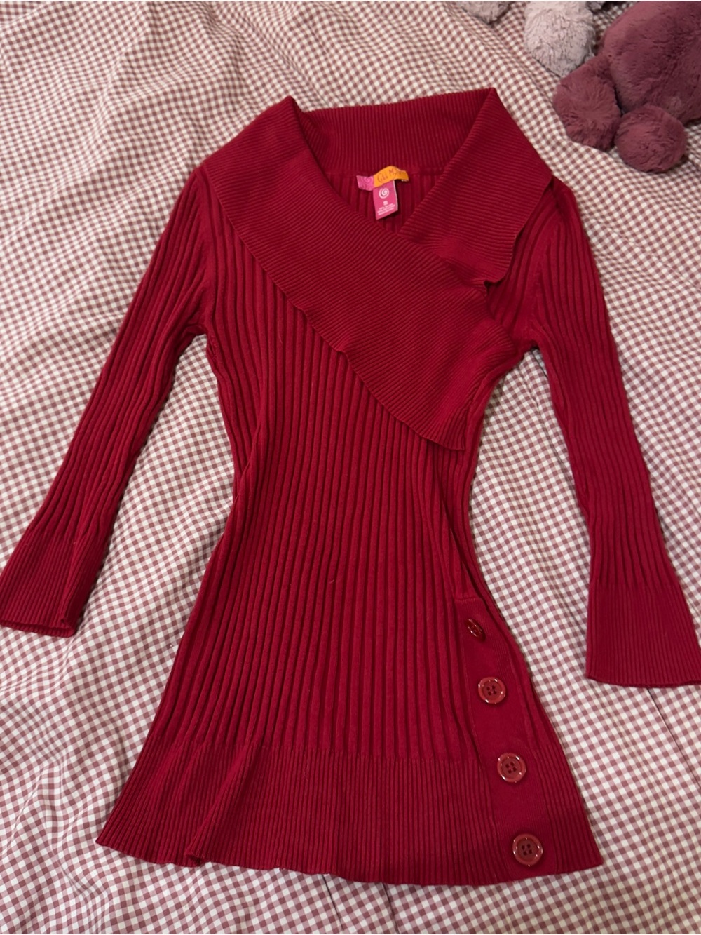 Y2K Fitted Ribbed Asymmetric Red Sweater - Picture 4 of 6